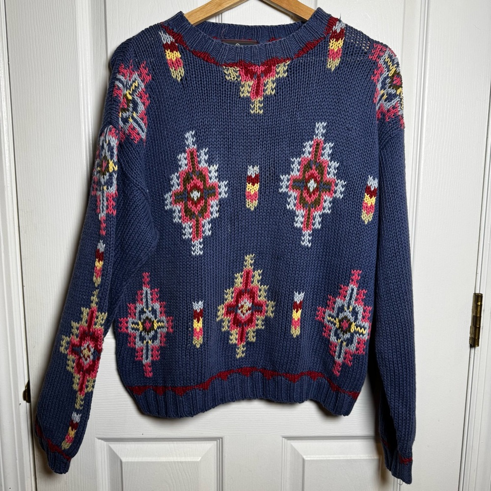 Woolrich Southwestern Vintage Rare Arctic Blue Sweater 80s 90s Cotton Medium